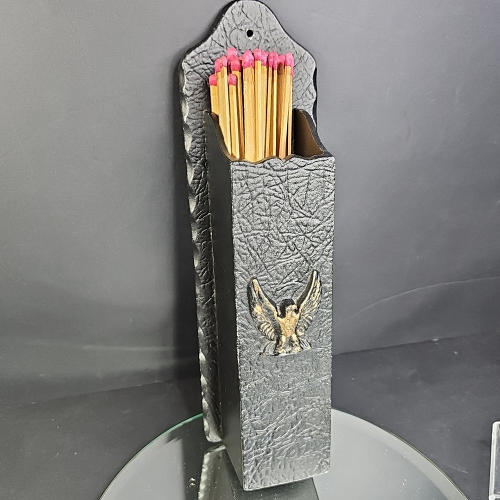 70s Cast Iron Matchstick Holder 13.5" W/Gold Eagle Decor, VINTAGE: NO MATCHES